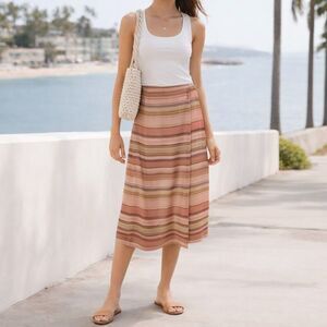 Josephine Chaus Striped Tan Pink Silk Wrap Midi Skirt Sun Kissed Shades Sz 6 Y2K